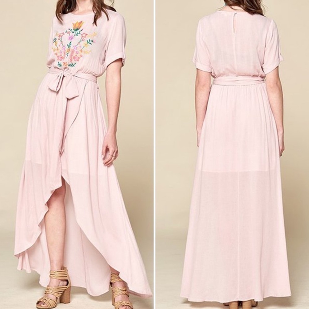 Nwot Love Kuza Pink Floral Embroidered Tulip-Hem Dress High-low